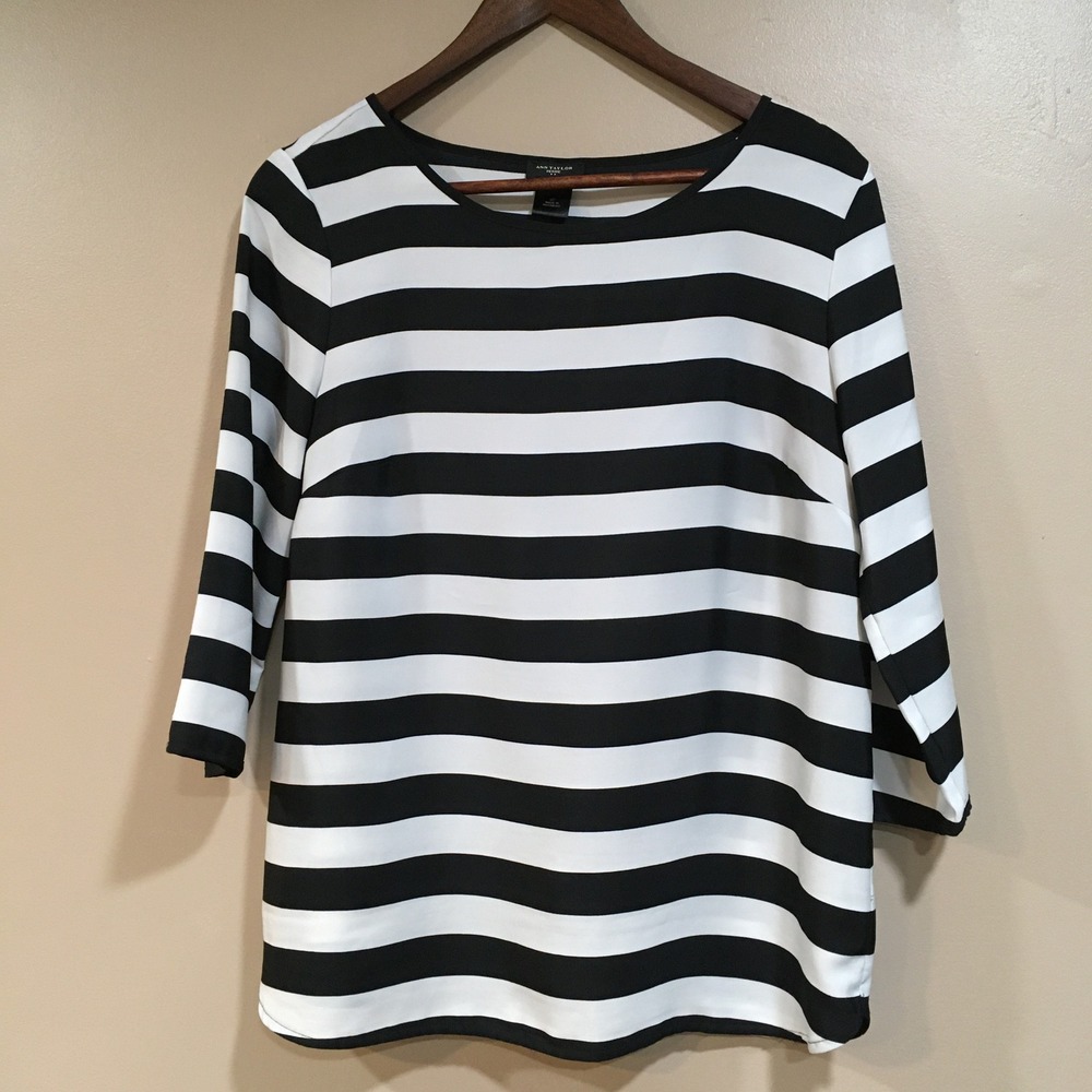 Ann Taylor Striped Blouse Womens Petite M Black White Classic Nautical Old Money